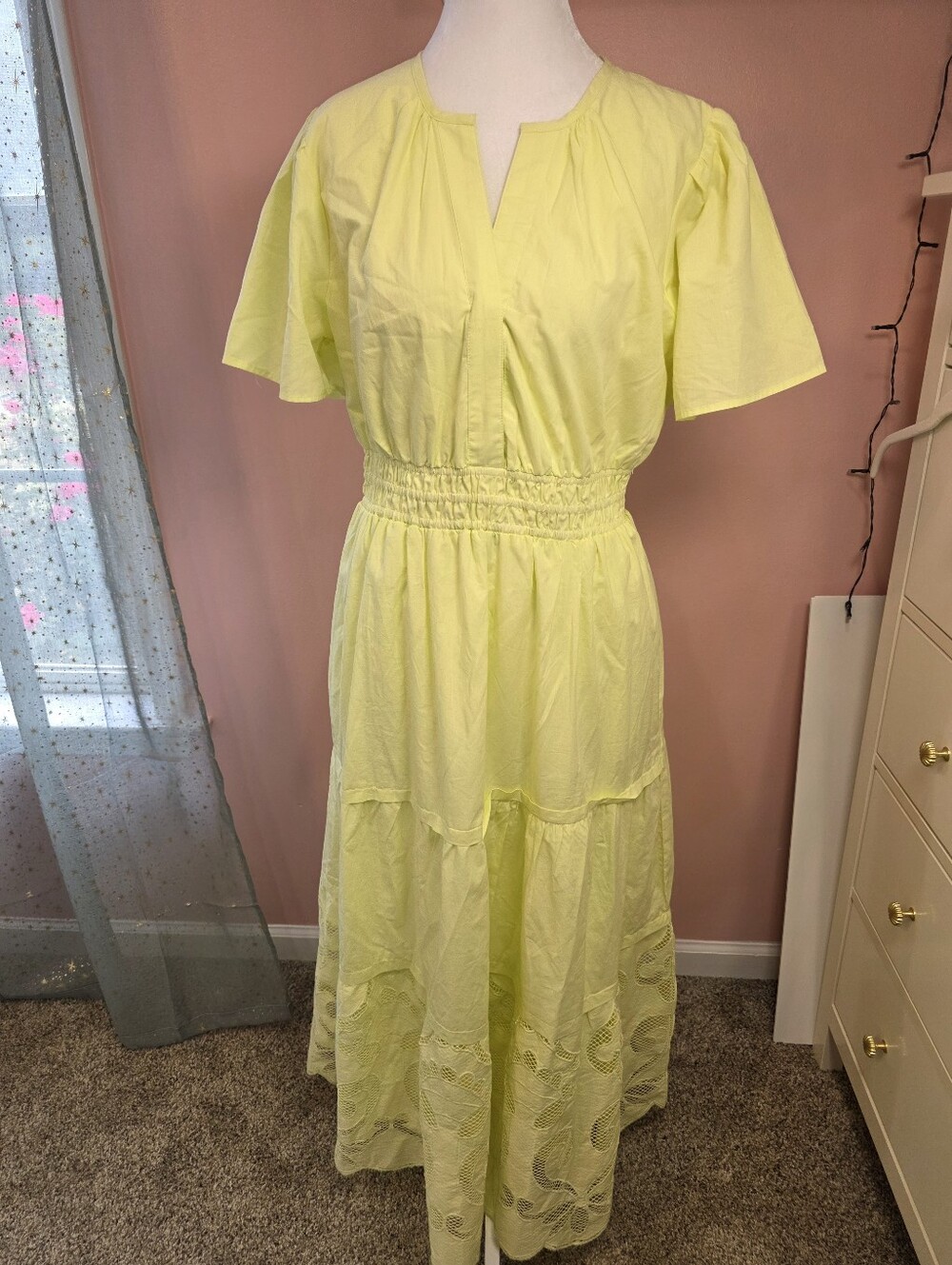 Haute Hippie Style Yellow Cutwork Lace Tiered Maxi Dress Size M - Picture 3 of 8